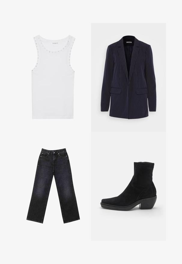 Granatowa marynarka w prążki z klapami, długim rękawem, kieszeniami z klapami i dopasowanym krojem.; Biała, bezrękawnikowa koszulka wykonana z bawełny, z okrągłym dekoltem ozdobionym srebrnymi ćwiekami na ramionach, dodającymi dodatkowego efektu.; Czarne dżinsy z wysokim stanem i szerokimi nogawkami, pięciokieszeniowy design oraz widoczne szwy. Materiał ma gładkie, lekko teksturowane wykończenie.; Czarne zamszowe botki na kostkę o kwadratowym nosku, niskim blokowym obcasie i gładkiej fakturze. Posiadają dopasowaną cholewkę i minimalne detale przeszycia.