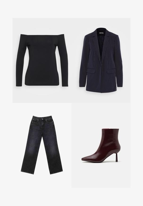 Mornarsko plavi sakoa s prugama, s reverima, dugim rukavima, preklopnim džepovima i krojem prilagođenim figuri.; Crna majica dugih rukava s dizajnom koji otkriva ramena, izrađena od glatkog, rastezljivog materijala, s prilagođenim krojem i bez vidljivih uzoraka.; Crne traperice visokog struka s širokim nogavicama, dizajn s pet džepova i vidljivim šavovima. Tkanina ima glatku, blago teksturiranu završnu obradu.; Bordo lakirana čizma do gležnja s oštrim vrhom i uskim stiletto potplatom, s glatkom, sjajnom teksturom i minimalističkim dizajnom.