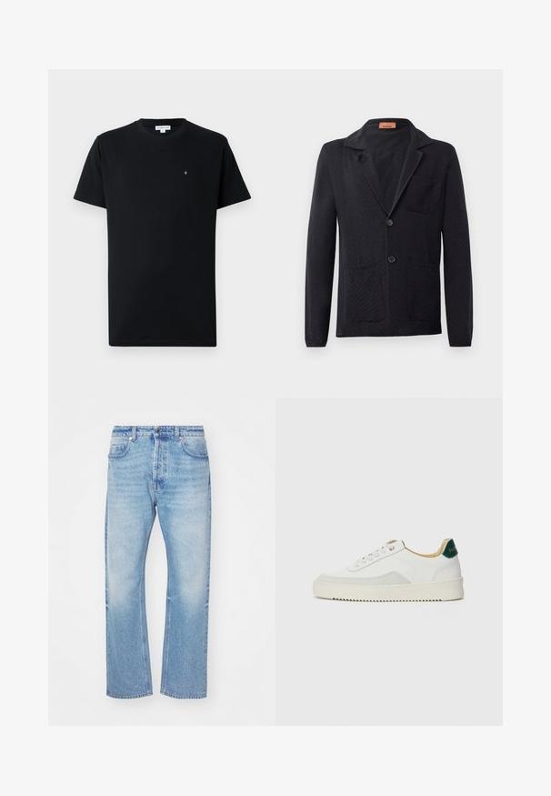 Black knitted blazer featuring a herringbone pattern, notched lapel, two front pockets, and two buttons. Label visible inside collar.; Black short-sleeve t-shirt made of cotton, featuring a round neckline and a small circular logo on the chest. Smooth texture.; Light blue denim jeans with a straight leg design. Features subtle fading, a button closure, and five-pocket styling with a classic waistband.; White sneaker with suede accents, rounded toe, flat laces, and a cream rubber sole. Features green branding on the heel.