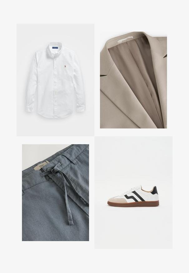 Lichtbeige jas met een klassieke revers, een soepele textuur en een subtiele glans. Binnenvoering in een donkere tint voor contrast.; Witte katoenen overhemd met knoopsluiting, een klassieke kraag, lange mouwen en een klein geborduurd logo op de linkerkant van de borst.; Grijze stoffen shorts met een zachte textuur, voorzien van een geknoopte trekkoord en riemlussen. Label geeft aan "NEXT" merk bij de tailleband.; Witte sneaker met zwarte strookaccenten, suède teenkap en brown rubberen zool. Glad leren bovenwerk met een afgerond ontwerp.