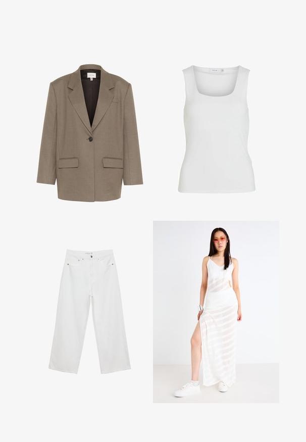 Smeđi sako u strukturiranom dizajnu, s jednim dugmetom, dva prednja džepa i reverima. Glatka, teksturirana tkanina.; Bijela majica bez rukava s kvadratnim izrezom, glatke teksture i krojem koji se prilagođava tijelu. Izrađena od lagane tkanine.; Bijele široke traperice s visokim strukom, s pet džepova i metalnim detaljima. Glatka tekstura, bez vidljivih uzoraka.; Bijela prozirna maks haljina s horizontalnim prugama, s visokim prorezom i tankim trakama. Nosena s bijelim tenisicama i srebrnim narukvicom.