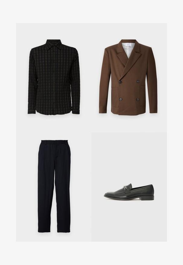 Libertine-Libertine PUBLIC - Blazer - chocolate; Zwarte langemouwen shirt met een gestructureerd ruitpatroon in donkere tinten, voorzien van een knoopsluiting aan de voorkant, een kraag en manchet met bijpassende strepen.; Libertine-Libertine ALIVE - Broek - dark navy; Zwarte leren instapper met een gladde afwerking, voorzien van een gestikt ontwerp en een decoratieve metalen kettingaccent over de wreef. Platte hak.