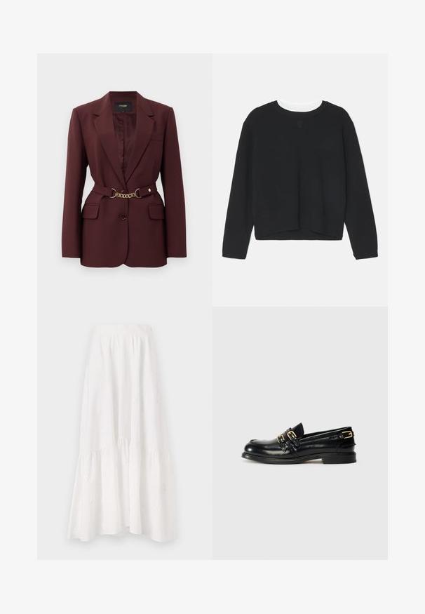 Burgundy bleiseri, jossa on istuva muotoilu, kaksi etutaskua, yksinkertainen nappikiinnitys ja kultaketjuhihna. Sopii muodollisiin tilaisuuksiin.; Mustapaita pitkähihaisilla, pyöreällä kaula-aukolla ja hieman lyhyemmällä helmalla. Valmistettu pehmeästä kankaasta, jossa on hienovarainen logoetus edessä.; Valkoinen midi-hame, joka on valmistettu kevyestä kankaasta. Hameessa on kerroksellinen muotoilu, hienovarainen kukkakirjonta ja rypytetty vyötärö.; Musta nahkainen loaferit kiiltävällä pinnalla, jossa on kaksi kultaa solkea ja matala korko. Tasainen pinta, pyöreä kärki.