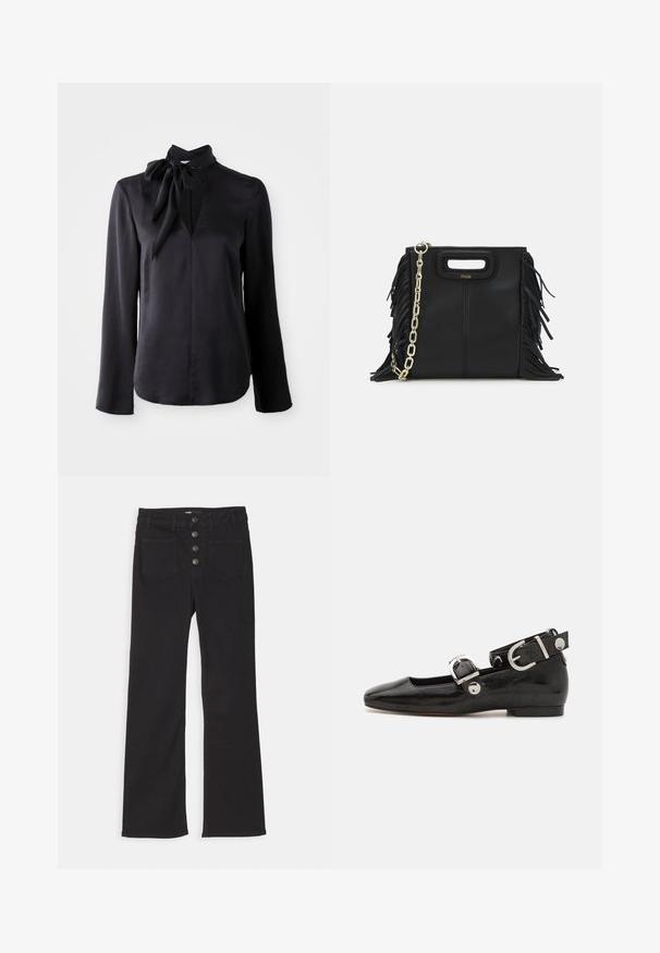 Bordo švarkas su prigludusia forma, dviem priekinėmis kišenėmis, viena sagtele ir auksine grandinės juosta. Tinka oficialioms progoms.; Juoda ilgomis rankovėmis bliuska iš lygios medžiagos su V formos iškirpte ir surišamu apykaklės detalė. Turi tiesų kirpimą ir subtilius siuvinėjimo akcentus.; Juodi džinsai su plačiais klešniais, aukštu liemeniu, penkių kišenių dizainu ir priekiniais užtrauktukais, kuriuose yra keturi metaliniai mygtukai.; Juodas lakinės odos plokščias batelis su kvadratiniu pirštu, kulkšnies dirželiu su sidabro detalėmis ir plokščiu padu. Sklandus paviršius su minimalistišku dizainu.; Juodas odinis rankų darbo rankinys su frinzuotomis detalėmis, auksine grandinės petneša ir išpjauto dizaino rankena. Pirmoje pusėje yra logotipo vieta.
