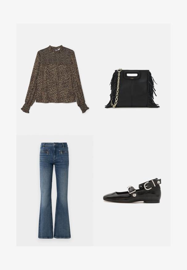 Burgundia bleiser sobitava disainiga, kahe esiseguga taskuga, ühe nööpiga kinnituse ja kuldse kettvöödiga aktsendiga. Sobib ametlikeks olukordadeks.; Leopardi prindiga pluus pruuni ja rohelise varjunditega, kõrge kaelusega, pikkade varrukate ja smockimisega detailidega hemmi ja mansettide juures.; Laienevad sinised teksad keskmise kõrgusega vöökoht, millel on ees ja taga taskud ning kerge kulumise efekt.; Must musta nahkkinga lamead kontsad, ruudukujulise varbaga, pahkluu rihmaga, mis sisaldab hõbedast taakleid, ning lame tald. Siledat pinda ja minimalistlikku disaini.; Musta nahk käekott, millel on frantsiisid, kuldne ahelsanga ja lõigatud käepide. Esiosas on logot.