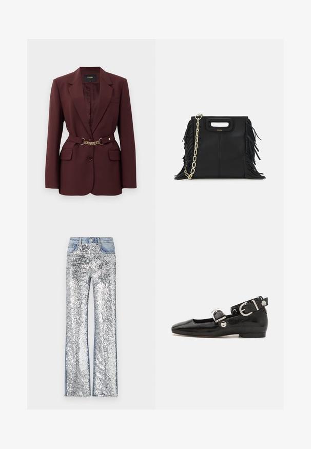 Burgundské sáčko s přiléhavým střihem, dvěma předními kapsami, zapínáním na jeden knoflík a zlatým řetízkovým páskem jako akcentem. Vhodné pro formální příležitosti.; Námořnicky modrý žebrovaný polo tričko s špičatým límcem, krátkými rukávy a dvěma předními kapsami se zacvakávacími knoflíky; zvýrazněné bílými švy.; Stříbrné džínové kalhoty se třpytkami, s rozšířeným střihem, denimovým pasem a boky, vytvářejícími texturovaný, odrazivý povrch.; Černé lakované baleríny se čtveratou špičkou, nártní přezkou s stříbrným kováním a plochou podrážkou. Hladká textura s minimalistickým designem.; Černá kožená kabelka s třásněmi, zlatým řetízkovým ramenním popruhem a rukojetí s výřezem. Na přední straně se nachází logo.