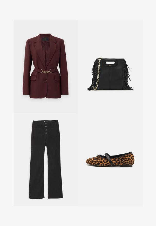 Bordo švarkas su prigludusia forma, dviem priekinėmis kišenėmis, viena sagtele ir auksine grandinės juosta. Tinka oficialioms progoms.; Jūros mėlynos spalvos šonkaityta polo marškinėliai su smailiu apykakle, trumpomis rankovėmis ir dviem priekinėmis kišenėmis su šonu užsegamais mygtukais; išryškinti baltais siūlų akcentais.; Juodi džinsai su plačiais klešniais, aukštu liemeniu, penkių kišenių dizainu ir priekiniais užtrauktukais, kuriuose yra keturi metaliniai mygtukai.; Leopardo raštais balerinų bateliai su juodais akcentais, apvaliu pirštu, plokščiu padu ir dekoratyvine juostele priekyje. Minkšta tekstūra.; Juodas odinis rankų darbo rankinys su frinzuotomis detalėmis, auksine grandinės petneša ir išpjauto dizaino rankena. Pirmoje pusėje yra logotipo vieta.