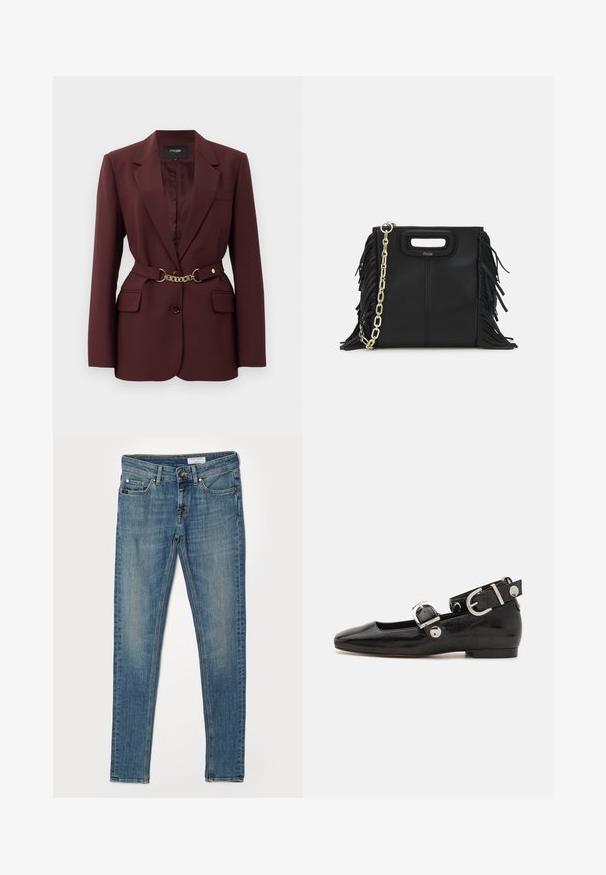 Blazer burdeos con un diseño ajustado, dos bolsillos frontales, cierre de un solo botón y un cinturón de cadena dorada como acento. Adecuado para contextos formales.; Polo de rayas marino con cuello puntiagudo, mangas cortas y dos bolsillos frontales con botones a presión; destacado con costuras en blanco.; Vaqueros ajustados de denim azul claro. Cuenta con cinco bolsillos, cremallera y costuras amarillas contrastantes en las costuras y los bolsillos.; Zapato plano de charol negro con punta cuadrada, correa de tobillo con herrajes de plata y suela plana. Textura suave con diseño minimalista.; Bolso de mano de cuero negro con detalles de flecos, correa de cadena dorada para el hombro y un asa con corte. Presenta una colocación del logotipo en la parte frontal.