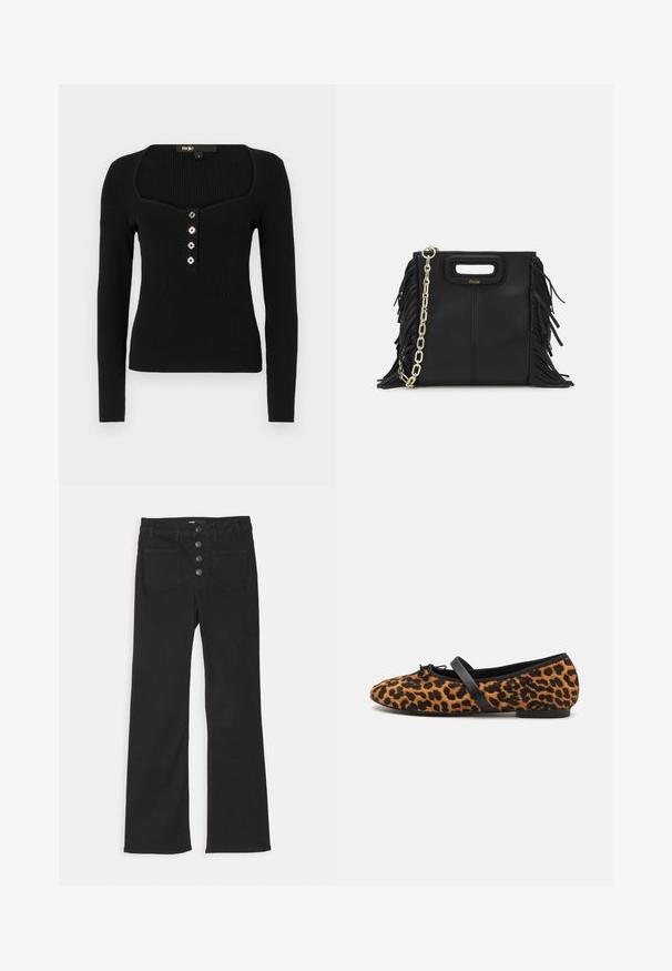 Bordeaux blazer met een getailleerd ontwerp, twee voorkruimelzakken, een enkele knoopsluiting en een gouden kettingriemaccent. Geschikt voor formele gelegenheden.; Zwart lange mouwen geribbelde top met een vierkante halslijn en vijf decoratieve knopen aan de voorkant voor sluiting.; Zwarte denim flared jeans met een hoge taille, vijf zakken en een sluiting met een voorkant met vier metalen knopen.; Leopardprint balletschoenen met zwarte accenten, voorzien van een ronde teen, een platte zool en een decoratieve strik aan de voorkant. Zachte textuur.; Zwarte leren handtas met franjes, gouden schouderband van schakels en een uitsnijding in de handgreep. Heeft het logo prominent aan de voorkant.