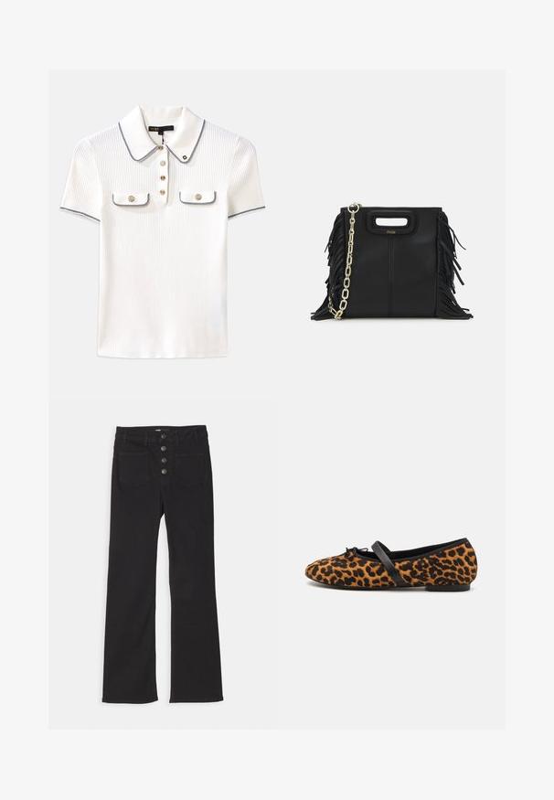 Burgunderfarbener Blazer mit taillierter Passform, zwei Fronttaschen, einem Knopfverschluss und Akzenten einer goldenen Kette. Geeignet für formelle Anlässe.; Weißes, geripptes Poloshirt mit Kragen, versehen mit marineblauen Akzenten, goldenen Knöpfen und zwei kleinen Klappentaschen auf der Vorderseite.; Schwarze, ausgestellt geschnittene Jeans aus Denim mit hoher Taille, fünf Taschen und einem frontalen Knopfverschluss mit vier Metallknöpfen.; Ballettschuhe mit Leopardenmuster und schwarzen Akzenten, abgerundete Spitze, flache Sohle und einer dekorativen Schleife an der Vorderseite. Weiche Textur.; Schwarze Lederhandtasche mit Fransen-Details, goldener Ketten-Schulterriemen und einem ausgeschnittenen Griff. Mit Logoplatzierung auf der Vorderseite.