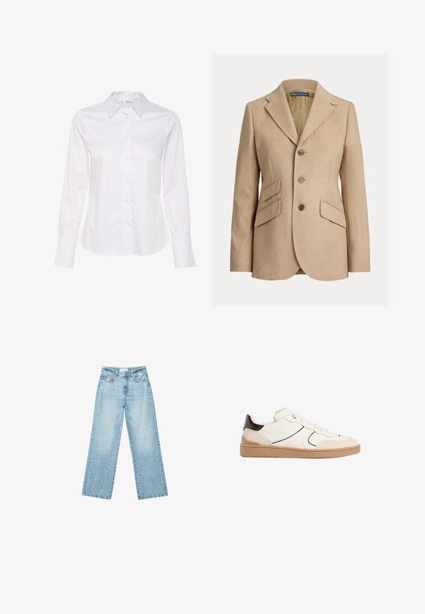 Beige sildeben-blazer med hakkede revers, treknapslukning og to forlommer. Har en glat inderfor.; Hvid langærmet skjorte med klassisk krave, knaplukning foran og lige kant. Fremstillet af glat stof med et ensfarvet design.; Lyseblå denim bukser med bred benvidde og høj talje, præget af en falmet vask og små, spredte slidte detaljer overalt.; Stradivarius Sneakers - white