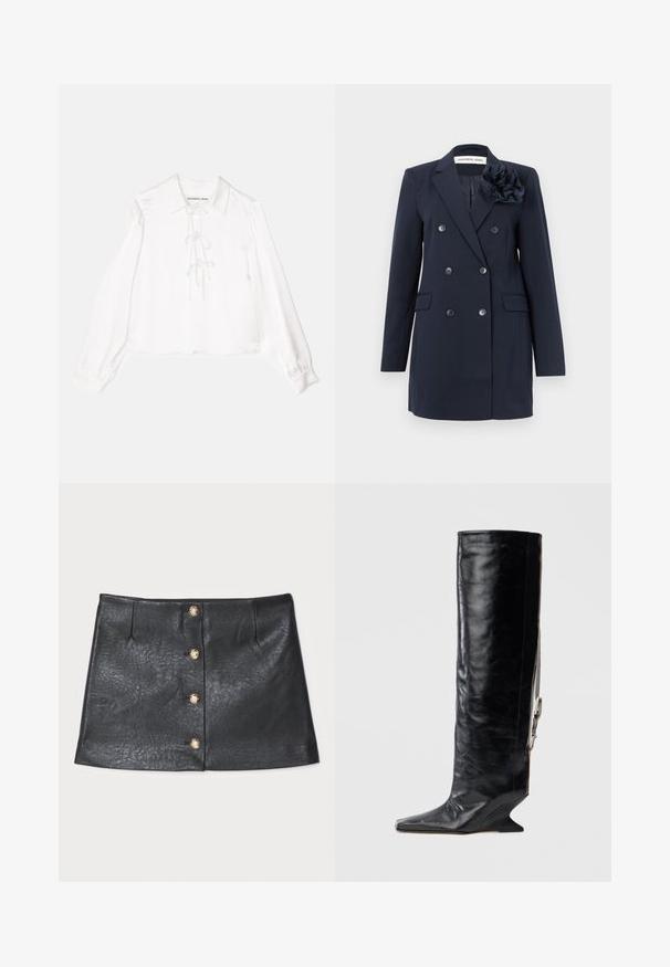 Blazer bleu marine à double boutonnage en tissu texturé, doté de boutons, de deux poches avant et d'un accent floral sur l'épaule.; Blouse blanche à manches longues avec un col, présentant un détail central à lacets, fabriquée en tissu lisse. Les poignets sont élastiques.; Mini jupe en cuir noir avec un design élégant, fermeture à bouton frontale avec des accents dorés, et une surface texturée avec un léger éclat.; Botte noire en cuir jusqu'au genou avec un bout pointu, un talon compensé unique et un accent de chaîne latérale. Texture lisse avec une finition brillante.