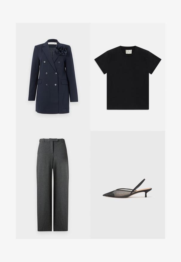 Sacou bleumarin, cu două rânduri de butoni, confecționat dintr-un material texturat, având butoane, două buzunare frontale și un accent floral pe umăr.; Tricou negru cu mânecă scurtă și guler rotund, având un etichetă albă în interiorul gulerului, inscripționată cu "D.R.C. EST. 2002" pe un fundal alb.; Pantaloni largi gri cu textură, cu o croială adaptată, prevăzuți cu un brâu cu bucle și buzunare laterale, realizați dintr-un material lustruit.; NEOUS IRENA - Pantofi clasici cu toc - black