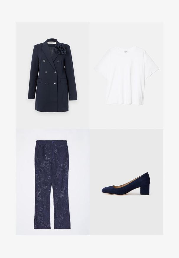 Tamsiai mėlynas dvigubas švarkas, pagamintas iš tekstūruoto audinio, su mygtukais, dviem priekinėmis kišenėmis ir gėlių akcentu ant peties.; Balta medvilnės marškinėliai trumpomis rankovėmis, apvalia iškirpte, laisvo kirpimo ir su siūtu kraštu. Etiketė matoma vidinėje iškirptės pusėje.; Tamsiai mėlynos nėrinių kelnės su plačiomis kojomis, turinčios juosmenį, dvi priekinės kišenės ir mygtuko užsegimą. Papuoštos sudėtingo nėrinių rašto detalėmis.; Tamsiai mėlynos zomšos bateliai su smailiu nykščiu ir vidutinio aukščio blokiniu kulnu. Lygi tekstūra su subtiliu blizgesiu ir mažas įpjovimas priekyje.