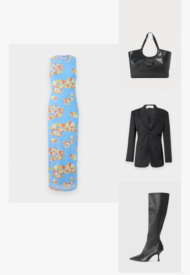 Melna žakete, izgatavota no gludas auduma ar vienu pogu slēgšanu, ar iededzumiem, divām priekšējām kabatām un pielāgotu griezumu.; Gara, bez piedurknēm kleita gaiši zilā audumā ar krāsainu pludmales lietussargu rakstu sarkanā, dzeltenā un pelēkā krāsā. Gluda tekstūra, pieguloša siluets.; Ceļa auguma melni ādas zābaki ar smailu purngalu un šauru stiletto papēdi. Gluda tekstūra ar pieguļošu dizainu un izšuvumiem augšējā malā.; Melna ādas somiņa ar spīdīgu apdari, izliekta augšdaļa, divi plecu siksnas un zelta toņa detaļa priekšpusē.