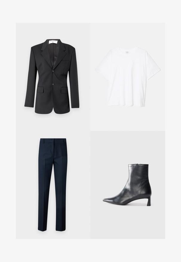 Melna žakete, izgatavota no gludas auduma ar vienu pogu slēgšanu, ar iededzumiem, divām priekšējām kabatām un pielāgotu griezumu.; Balta kokvilnas T-krekls ar īsām piedurknēm, apaļu dekoltē, brīva piegriezuma un šūtu apakšmalu. Etiķete redzama iekšējā kakla daļā.; Jūras zilas bikses, izgatavotas no gludas auduma, ar taisnu kāju piegriezumu, platu priekšpusi un bez redzamām kabatām vai rotājumiem.; Melnas ādas potītes zābaki ar norādītu pirkstu un elegantu dizainu. Iezīmē zemu papēdi un rāvējslēdzēja aizdari aizmugurē. Gluda tekstūra.