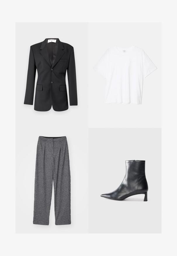 Juodas švarkas, pagamintas iš lygaus audinio, su vienu mygtuku užsegimu, iškirptėmis, dviem priekinėmis kišenėmis ir pritaikytu siluetu.; Balta medvilnės marškinėliai trumpomis rankovėmis, apvalia iškirpte, laisvo kirpimo ir su siūtu kraštu. Etiketė matoma vidinėje iškirptės pusėje.; Pilki languoti kelniai su aukštu liemeniu, plačia kojų forma ir raukšlėmis. Pagaminti iš tekstūruoto audinio su monochrominiu raštu.; Juodas odinis kulkšninis batas su smailiu pirštu ir elegantišku dizainu. Turi žemą kulną ir užtrauktuką gale. Lygi tekstūra.