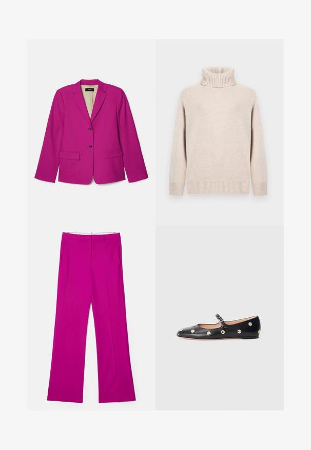 Fuchsia blazer med en notch lapel, to forlommer og to brune knapper. Foret indre med synlig mærkelabel.; Beige turtleneck sweater med ribbet krave og manchetter. Blød tekstur og afslappet snit. Standard længde med minimalistisk design.; Fuchsia viddebukser med en glat tekstur, der har for- lommer og et skræddersyet design for et struktureret udseende.; Sorte læder Mary Jane flad sko med en rund tå, udstyret med sølvfarvede runde nitter og en justerbar rem med spænde.