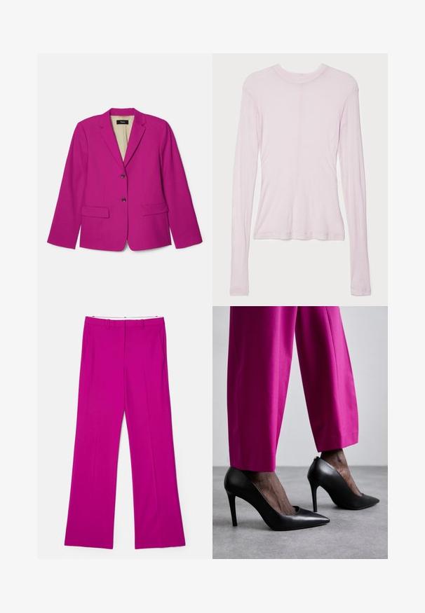 Fuksjowy blazer z klapami, dwoma przednimi kieszeniami i dwoma brązowymi guzikami. Podszewka z widoczną metką marki.; BITE Studios - Bluzka z długim rękawem; Fuksjowe spodnie o szerokich nogawkach z gładką fakturą, z kieszeniami z przodu i dopasowanym krojem dla uzyskania zorganizowanego wyglądu.; Czarne szpilki z wydłużonym noskiem i gładką skórzaną teksturą. W zestawie z jasnoróżowymi, dopasowanymi spodniami.