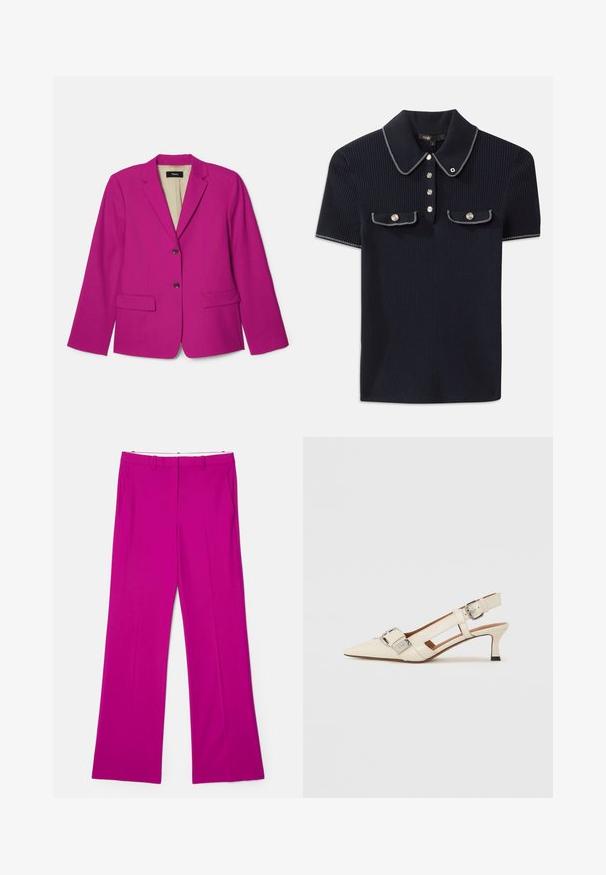 Fuchsia blazer med en notch lapel, to forlommer og to brune knapper. Foret indre med synlig mærkelabel.; Mørkeblå ribbet polo-shirt med spidse krave, korte ærmer og to forlommer med trykknapper; fremhævet med hvide søm detaljer.; Fuchsia viddebukser med en glat tekstur, der har for- lommer og et skræddersyet design for et struktureret udseende.; Hvide læderslingbacksko med spids tå, lille hæl og justerbar rem med en fremtrædende sølvspænde detalje.