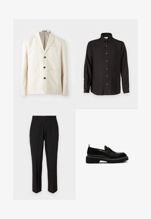 Béžová bavlnená bunda s klopom, tromi čiernymi gombíkmi a dvoma prednými vreckami. Obsahuje jedno vrecko na hrudi a dlhé rukávy.; Čierna košeľa s dlhým rukávom zo hladkej látky, so zapínaním na gombíky, špicatým golierom a zaobleným lemom s kontrastnými gombíkmi.; Čierne nohavice z hladkej tkaniny s rovnými nohavicami, prednými vreckami, jedným gombíkom na zapínanie a bez viditeľných vzorov.; Čierna kožená slip-on obuv s okrúhlou špičkou, masívnou textúrovanou podrážkou, dekoratívnym prešívaním a malým opätkom. Má závesnú pútku vzadu.