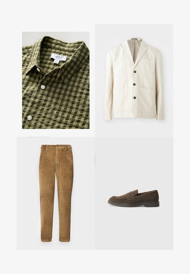 Beige katoenen jack met een gesneden revers, drie zwarte knopen en twee voorzakken. Bevat een borstzak en lange mouwen.; Groene geruite overhemd met korte mouwen, gemaakt van zachte stof, met een button-down kraag en witte knopen, met een etiket en maatlabel eraan bevestigd.; Bruine corduroybroek met verticale ribbeltextuur, rechte snit, knoopsluiting en riemlussen. Gladde stof met een zachte afwerking.; Bruine suède instap schoenen met een ronde neus, een band over de wreef en een plat rubberen zool. Eenvoudig ontwerp met strakke lijnen en minimale details.