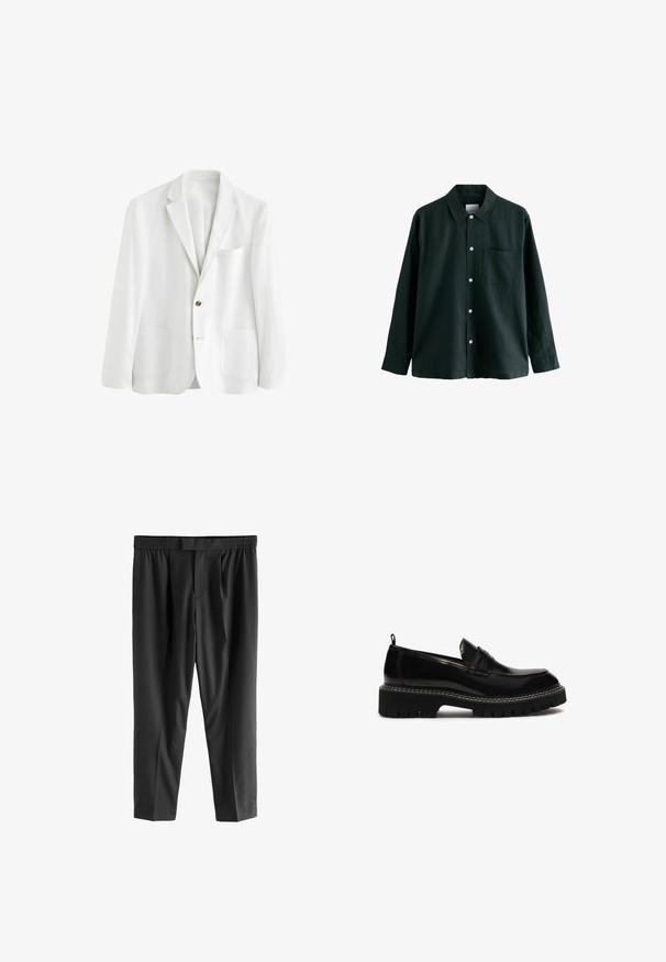 Next SLIM FIT LINEN BLEND TWO BUTTON - Sakko - white; Dunkelgrünes Hemd mit Knöpfen, einem Kragen, langen Ärmeln und einer einzelnen Brusttasche; verfügt über weiße Knöpfe und eine weiche Textur.; Next REGULAR FIT -CHECK SMART - Chino - black; Schwarzer Leder-slipper mit runder Zehenpartie, klobiger strukturierter Sohle, dekorativer Naht und kleinem Absatz. Mit einer Ziehlasche hinten.