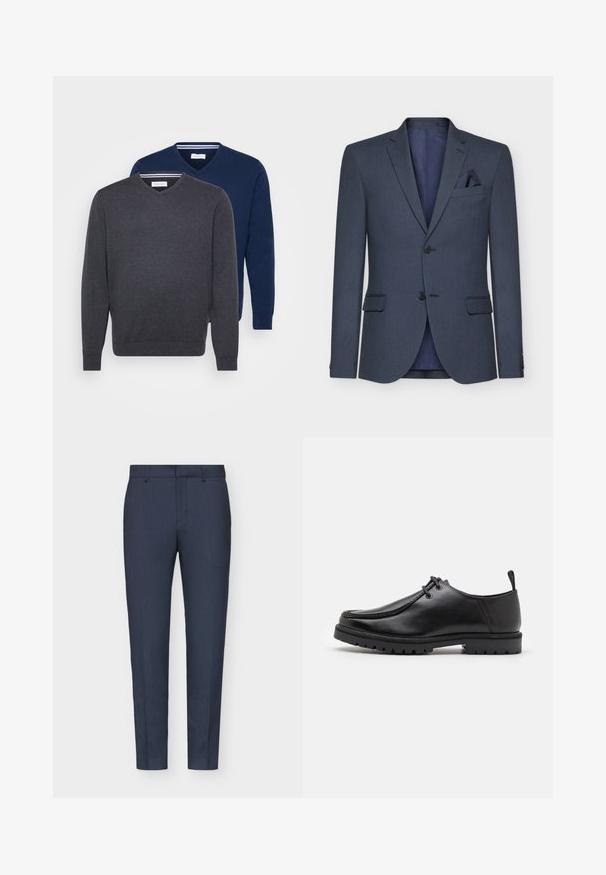 Navyblauer Blazer aus strukturiertem Stoff, mit zwei Knöpfen, Reverskragen und einer Taschenquadrate; hat ein kontrastierendes Innenfutter.; Zwei V-Ausschnitt-Pullover in Dunkelgrau und Marineblau, aus einem weichen Stoff mit gerippten Bündchen und einem gestreiften Detail im Halsauschnitt.; Drei Langarmhemden: hellblau, weiß und marineblau. Alle haben einen klassischen Kragen und eine knöpfbare Vorderseite, aus glattem Stoff gefertigt.; Marineblau zugeschnittene Hose mit glatter Textur, schmaler Passform, Mittelfalte und Gürtelschlaufen. Der Stoff weist ein dezentes gewebtes Muster auf.; Schwarze Leder-Schnürschuhe mit robustem Sohlenprofil und Zuglasche an der Ferse, von der Seite auf einem weißen Hintergrund gezeigt.