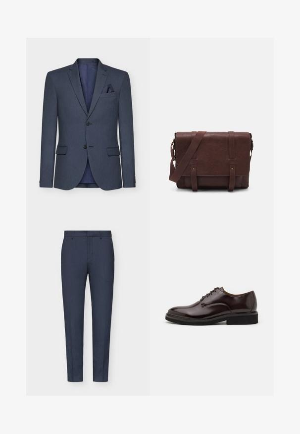Navy blue blazer with a textured fabric, two buttons, notched lapels, and a pocket square; features a contrasting interior lining.; Three long-sleeve shirts: light blue, white, and navy. All have a classic collar and button-down front, made of smooth fabric.; Navy blue tailored trousers with a smooth texture, slim fit, central crease, and belt loops. Fabric features a subtle woven pattern.; Brown leather Oxford shoe with a glossy finish, round toe, lace-up design, and a thick black rubber sole. Seam detail on the upper.; Brown leather messenger bag with a flat front flap, two straps, gold hardware accents, and an adjustable shoulder strap.