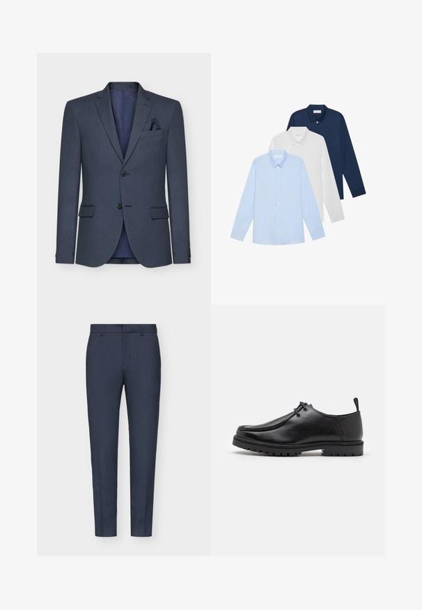 Tamsiai mėlynas švarkas su tekstūruota medžiaga, dviem mygtukais, išpjautomis atvartomis ir kišeniniu nosiniu; turi kontrastingą vidinį pamušalą.; Trys ilgomis rankovėmis: šviesiai mėlynas, baltas ir tamsiai mėlynas. Visi turi klasikinį apykaklę ir sagstomą priekį, pagaminti iš lygaus audinio.; Tamsiai mėlynos pritaikytos kelnės su lygiu tekstūru, siaurai prigludusios, su centrine raukšle ir diržo kilpelėmis. Audinys turi subtilų audinį raštą.; Juodas odinis batų modelis su raišteliais, turintis tvirtą padą ir tempimo kilpelę kulno srityje, pavaizduotas iš šono ant baltos fono.