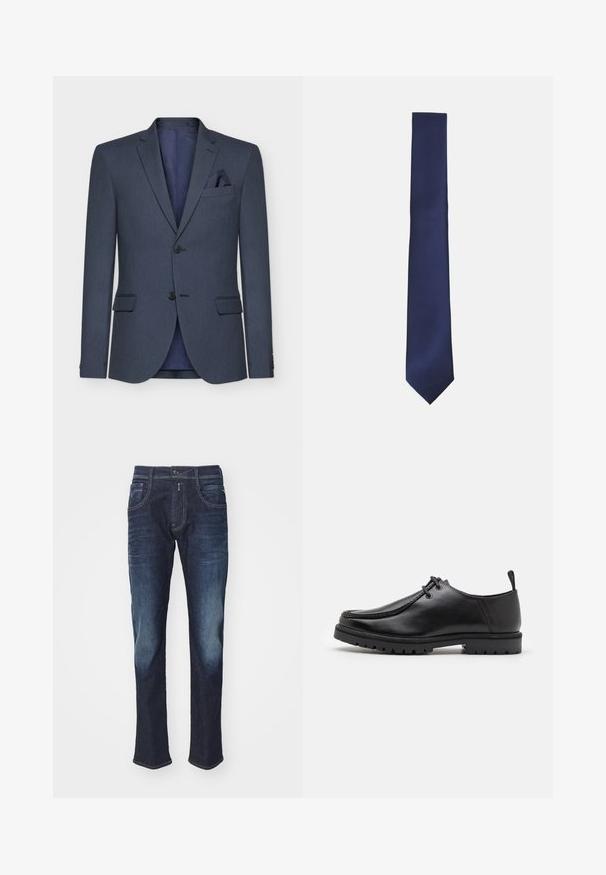 Marinblå kavaj i en strukturerad tyg, två knappar, snäva slag och en fickduk; har en kontrasterande inre foder.; Tre långärmade skjortor: ljusblå, vit och marinblå. Alla har en klassisk krage och knappstängning fram, tillverkade av slät tyg.; Mörkblå denimjeans med framfickor, knapp och subtila bleknade områden på låren och knäna mot en enkel ljus bakgrund.; Svarta skinnsnörskor med en robust sula och dragflik vid hälen, visade från sidan på en vit bakgrund.; Mörkblå slips med en strukturerad sned ribbad mönstring. Den har en spetsig topp och en elegant, smal form. Tillverkad av glattycka.