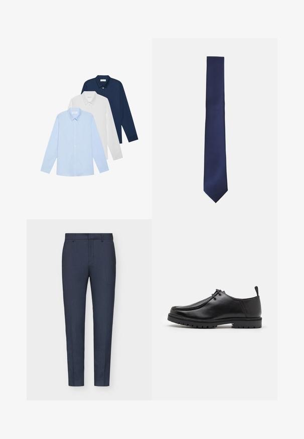 Marineblauwe blazer van een gestructureerde stof, met twee knopen, notch revers en een pochet; beschikt over een contrasterende binnenvoering.; Drie overhemden met lange mouwen: lichtblauw, wit en marineblauw. Allemaal hebben ze een klassieke kraag en een knoopsluiting aan de voorkant, gemaakt van een gladde stof.; Marineblauwe op maat gemaakte broeken met een gladde textuur, slim fit, centrale plooi en riemlussen. De stof heeft een subtiel geweven patroon.; Zwarte leren veterschoen met een robuuste zool en een aantreklip aan de achterkant, van opzij getoond op een witte achtergrond.; Marineblauwe stropdas met een gestructureerd schuin ribbelpatroon. Het heeft een puntige punt en een slanke, smalle vorm. Gemaakt van gladde stof.