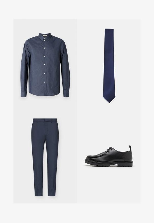 Tumedat sinine bleiser tekstureeritud kangast, kahe nupuga, sisselõigatud kraega ja taskuviigiga; sellel on kontrastne sisemus.; Tumesinine pika varrukaga nööpidega särk, mis on valmistatud siledast kangast; roovib klassikaline krae, valged nööbid ja kumer hemline.; Tumed sinine kohandatud püksid sileda tekstuuriga, kitsas lõige, keskridv ja vöörihmadega. Kanga pinnal on peen kudumismuster.; Must küljest musta nahast sidumisjalatsiga, millel on tugeva tallaga ja kandmiselauaga, valge tausta ees.; Tumesinine lips, millel on tekstureeritud diogonaalne ribakujundus. Sellel on terav ots ja sujuv, kitsas kuju. Valmistatud siledast kangast.