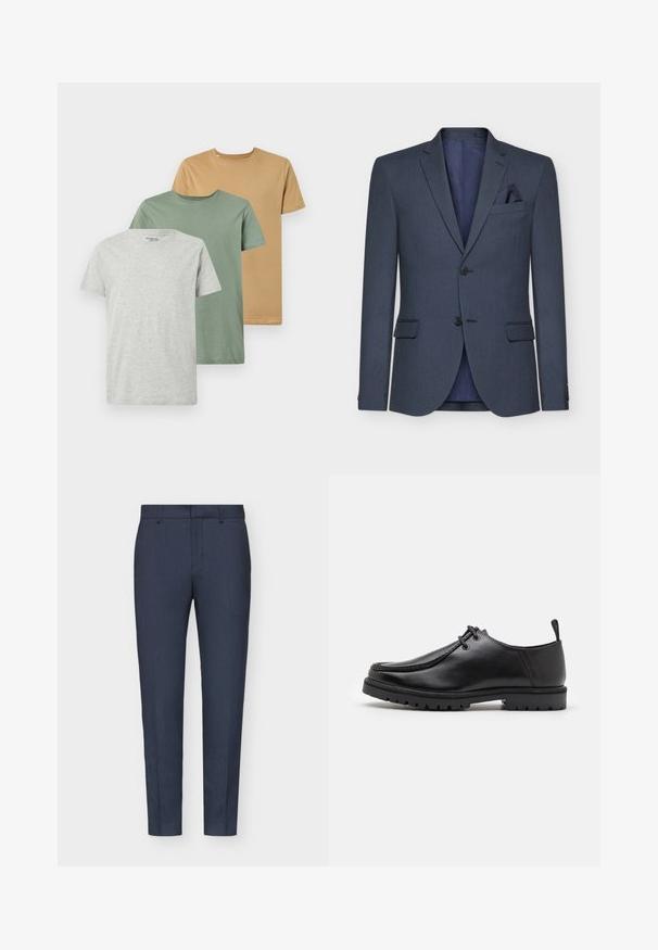 Marineblå blazer med strukturert stoff, to knapper, notched revers og lommetørkle; har en kontrastfarge innerside.; Tre kortermede T-skjorter i grå, grønn og sennepsfarge. Laget av myk bomull, med rund hals og normal passform.; Marineblå skreddersydde bukser med en jevn tekstur, slim fit, sentral preg og beltehemper. Stoffet har et subtilt vevd mønster.; Svarte lær snøreleste sko med en robuste såle og en trekkesløyfe på hælen, vist fra siden på en hvit bakgrunn.