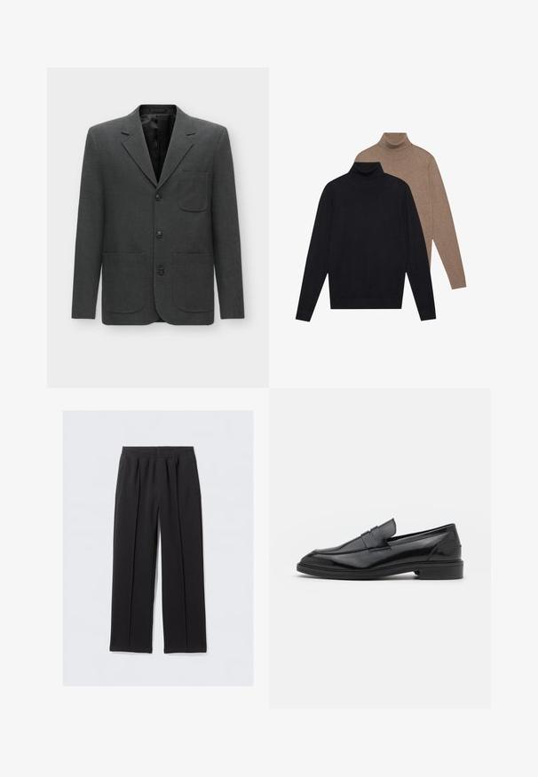 Tumši pelēks žakets, kas izgatavots no teksturēta auduma, ar vienu krūšu kabatu, iegrieztām atlokiem un trim priekšējiem pogām. Odere iekšpusē.; Divi garām piedurknēm tīkliņi, viens melns un otrs gaiši brūns, izgatavoti no mīksta adījuma ar pieguļošu dizainu un ribām aprocēs.; Melnas, platās bikses no teksturēta auduma ar elastīgu jostu un divām sānu kabatām. Piedāvā priekšējās krokas, lai iegūtu šūtu izskatu.; Melnas ādas loafers ar gludu virsmu, ar noapaļotu purngalu un šauru joslu pāri augšdaļai. Zems kaudzes papēdis.