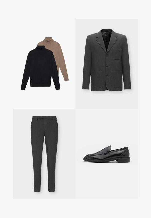 Dark grey blazer made of textured fabric, featuring a single chest pocket, notched lapels, and three front buttons. Lined interior.; Two long-sleeve turtleneck sweaters, one in black and one in light brown, made of soft knit fabric with a fitted design and ribbed cuffs.; Dark gray tailored trousers made from textured fabric, featuring a button and zipper closure, belt loops, and a slim fit design.; Black leather loafers with a smooth finish, featuring a rounded toe and a narrow band across the upper. Low stacked heel.