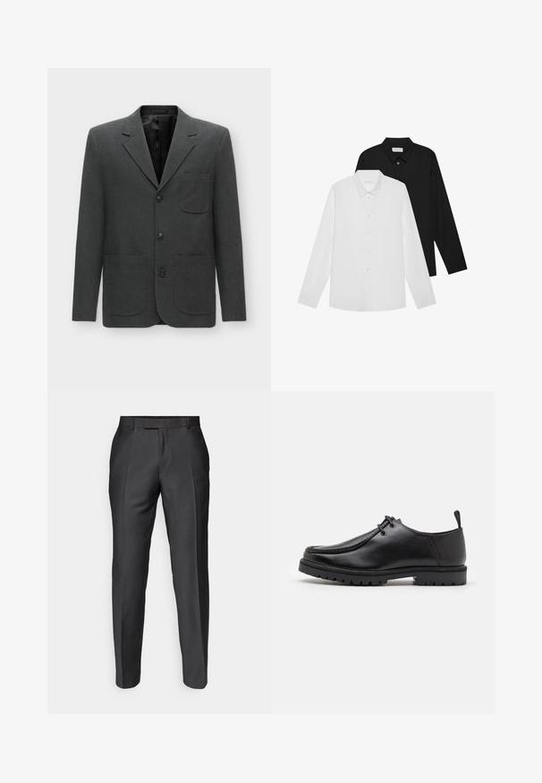 Blazer gris foncé en tissu texturé, avec une poche poitrine unique, des revers crantés et trois boutons à l'avant. Intérieur doublé.; Chemises à manches longues blanches et noires avec des cols pointus, des boutons à l'avant et une texture de tissu lisse. Étiquettes visibles à l'intérieur du col.; Pantalons sur mesure en tissu gris foncé. Présentent une coupe slim, un devant plat et des passants de ceinture. Texture lisse avec un subtil éclat.; Chaussure en cuir noir à lacets avec une semelle robuste et une languette au talon, montrée de côté sur un fond blanc.