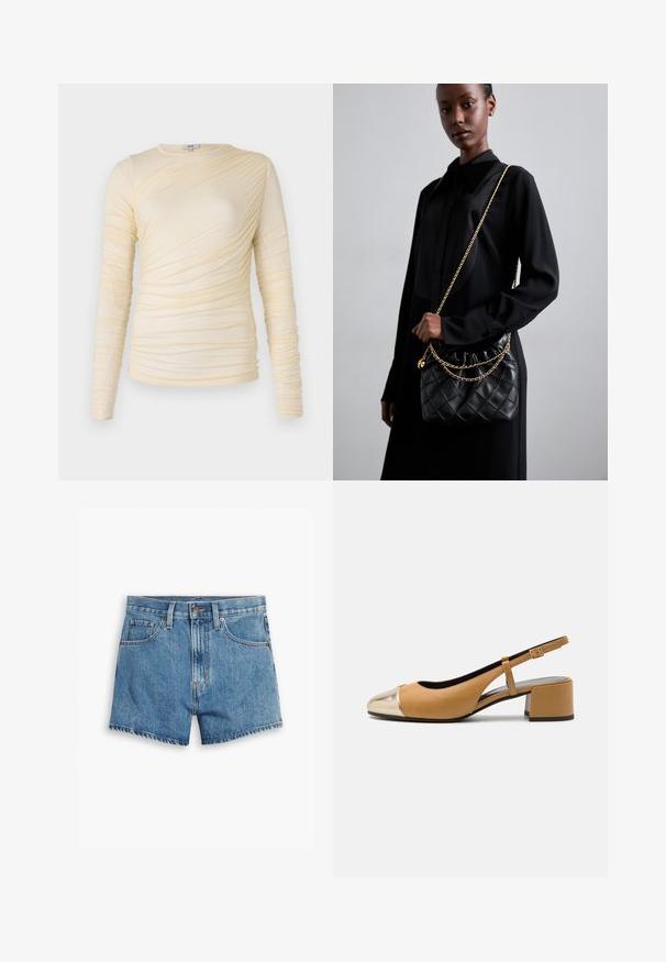 Beež bleiser, millel on kohandatud lõige, kergelt sälguga krae ja kokku rullitud varrukad. Omab kahte eesmist taskut ja nööbi sulgemist. Sile kangastekstuuri.; Kreem värvi pikkade varrukatega hind, millel on kurrutatud tekstuur ja veidi sobiv siluett. Pehme kangas ümmarguse kaelusega ja sujuvate õmblustega.; Heledad teksapüksid helesinisena, millel on viis taskut, tõmblukk ja nööpkinnitus. Varrukad on lõdvenenud ja servad on kulunud.; Kohvane nahast slingback pump metallikuldse kapotäppega, mis omab plokkninat ja peent reguleeritavat rihma. Sile tekstuur ja minimaalne detailitus.; Must mustriga mustriga nahk käekott koos kogutud tipuga, kuldne ahel ja ristkülikuline kuju, hoitakse lihtsa tausta vastu.