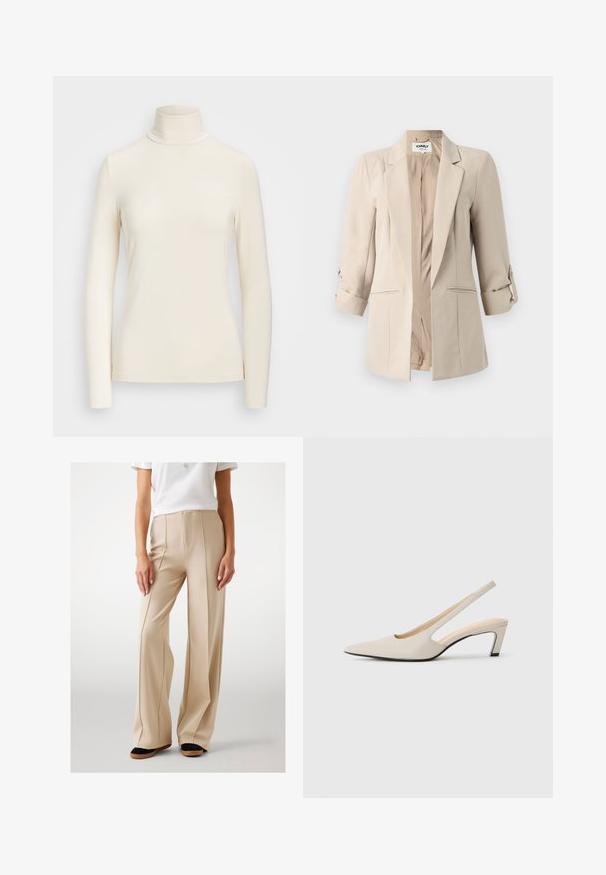 Beigu žakete ar pielāgotu griezumu, ar izgrieztiem atraisēm un uzrullētām piedurknēm. Satur divas priekšējās kabatas un pogu aizdari. Gluda auduma tekstūra.; Ilgi piedurkņu t-krekls ar augstu apkakli, izgatavots no mīksta krēma krāsas auduma. Tam ir pieguļošs dizains un bezšuvju piedurkņu maliņas.; Bēša plaša kāju bikses, izgatavotas no gludas auduma, ar priekšējām krokām un augstu jostu. Saskaņotas ar melniem un brūniem plakanajiem apaviem.; Bēša ādas zābaks ar norādītu purngalu un atvērtu aizmuguri, ar izgriezumu dizainu, 5 cm blokveida papēdi un gludu tekstūru. Melna zole akcentiem.