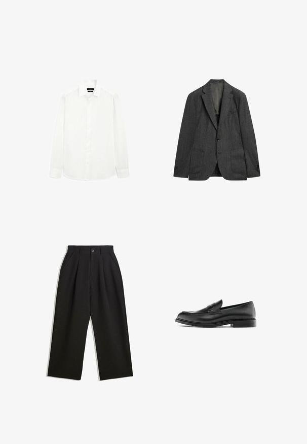 Dunkelgrauer Blazer mit subtilem Streifenmuster, einreihig, mit Reverskragen, zwei vorderen Taschen und Knopfverschluss. Klassisches, maßgeschneidertes Design.; Schwarzer Rollkragenpullover mit engem Kragen, langen Ärmeln und gerippten Bündchen und Saum. Hergestellt aus weichem, dehnbarem Stoff mit glatter Textur.; Weißes Langarmhemd mit klassischem Kragen, durchgehender Knopfleiste und geradem Saum. Hergestellt aus leichtem Material mit glatter Oberfläche.; Schwarze Hose mit lockerem Schnitt, mit Falten an der Vorderseite, Seitentaschen und einem Knopfverschluss. Hergestellt aus strukturiertem Stoff.; Schwarzer Leder-Pennyloafer mit niedrigem Absatz, runder Zehenform und gesticktem Detail entlang des Oberleders, seitlich auf einem weißen Hintergrund dargestellt.