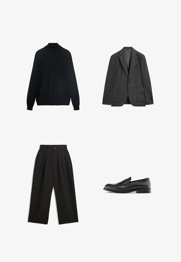 Blazer grigio scuro con un sottile motivo a righe, monopetto, con rejieber lapel, due tasche frontali e chiusura a bottone. Design classico e sartoriale.; Maglione a collo alto nero con un colletto aderente, maniche lunghe e polsini e orlo a coste. Realizzato in tessuto morbido ed elastico con una texture liscia.; T-shirt in cotone nero con collo rotondo classico, maniche corte e vestibilità rilassata. Tessuto morbido, senza fantasie o decorazioni.; Pantaloni neri con una vestibilità comoda, caratterizzati da pieghe frontali, tasche laterali e chiusura con bottone. Realizzati in tessuto testurizzato.; Mocassino penny in pelle nera con tacco basso, punta arrotondata e dettagli cuciti lungo la tomaia, mostrato in profilo laterale su uno sfondo bianco.