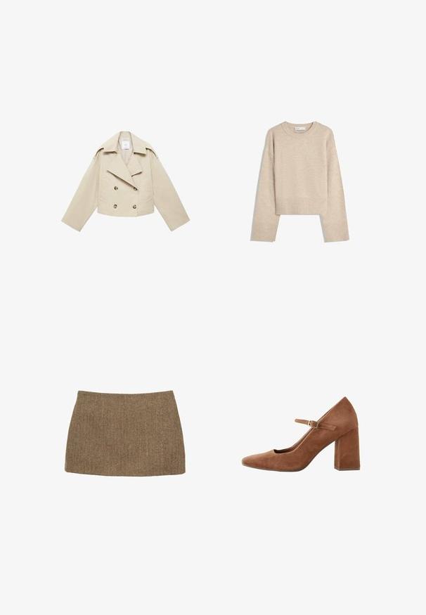 Beżowa skrócona kurtka dwurzędowa z bawełny. Posiada duże guziki, dwie przednie kieszenie oraz szeroki kołnierz z otwartym dekoltem.; Beżowy, krótkie sweter wykonany z miękkiego materiału dzianinowego. Posiada okrągły dekolt, długie rękawy oraz prążkowane mankiety i dół, co dodaje mu tekstury.; Mini spódnica w brązowy wzór rybiej ości, z prostym krojem i gładką teksturą. Materiał wydaje się być tkany i strukturalny. Brak widocznych zapięć.; Brązowe zamszowe półbuty typu Mary Jane z ostro zakończonym noskiem, regulowanym paskiem z klamrą i słupkiem. Gładka faktura, klasyczny design.
