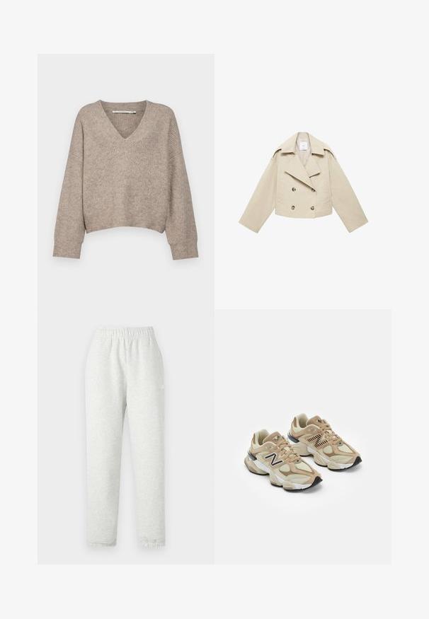 Beige skrátená dvojradová bunda vyrobená z bavlny. Obsahuje veľké gombíky, dve predné vrecká a široký klop, ktorý má otvorený golier.; Bežový pletený sveter s výstrihom do V a skráteným dizajnom. Má voľne padnúce rukávy a textúrovaný vzor po celom povrchu.; Svetlo šedé tepláky s elastickým pásom, zúženými nohavicami a rebrovanými manžetami. Vyrobené z mäkkej, štruktúrovanej tkaniny. Biele logo na boku.; Béžové tenisky s kombináciou sieťoviny a semišu. Obsahujú čierne logo a štruktúrované akcenty. Hladká biela medzipodrážka a čierna gumová podrážka.
