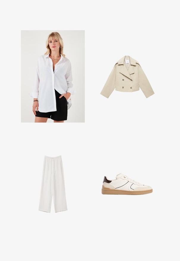 Beige cropped dobbeltbrystet jakke lavet af bomuld. Har store knapper, to frontlommer og en bred revers med åben krave.; Hvid knap-op skjorte med lange ærmer, afslappet pasform og en skarp krave. Sammen med sorte shorts med en guld accentknap.; Hvide bukser med bred benlængde lavet af et letvægtsstof. Har et elastisk talje med snor og sidelommer. Glat tekstur.; Stradivarius Sneakers - white