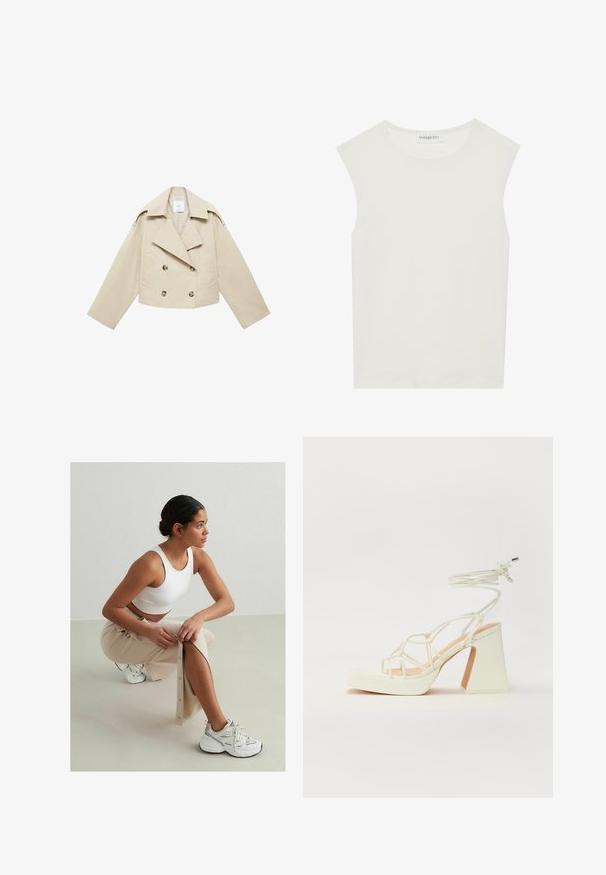 Beige cropped dobbeltbrystet jakke lavet af bomuld. Har store knapper, to frontlommer og en bred revers med åben krave.; Hvid ærmeløs top med rund halsudskæring. Lavet af glat stof, har den en afslappet pasform og minimalistisk design. Ingen mønstre eller accenter.; Hvid ribbet crop top, beige knap-op nederdel med sideslids, hvide sneakers med sorte og sølv accenter, siddende mod en lys baggrund.; Hvide højhælede sandaler med en kraftig hæl, der har et stropdesign og ankelbinding. Glat tekstur med en platform foran for ekstra højde.