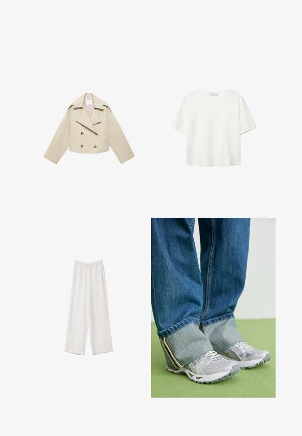 Beżowa skrócona kurtka dwurzędowa z bawełny. Posiada duże guziki, dwie przednie kieszenie oraz szeroki kołnierz z otwartym dekoltem.; Biała koszulka z krótkim rękawem, wykonana z bawełny. Posiada okrągły dekolt i luźny krój. Gładka faktura bez widocznych wzorów czy akcentów.; Białe spodnie o szerokich nogawkach wykonane z lekkiego materiału. Posiadają elastyczny pas z sznurkiem i boczne kieszenie. Gładka tekstura.; Szare sportowe buty z siateczkowego materiału i białymi akcentami, zestawione z niebieskimi dżinsami, które są podwinięte na kostkach.