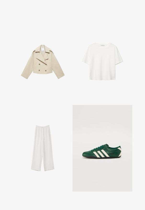 Beige kortärmad dubbelknäppt jacka i bomull. Har stora knappar, två framfickor och en bred slag med öppen krage.; Vit t-shirt med kort ärm i bomull. Har en rundad halsringning och en avslappnad passform. Slät textur utan synliga mönster eller detaljer.; Vita vida byxor i vid passform gjorda av ett lättviktsmaterial. Har en elastisk midja med dragsko och sidofickor. Slät textur.; Gröna lädersneakers med vita ränder, rund tå, snördesign, svart sula och "adidas TOKYO"-märkning på sidan.