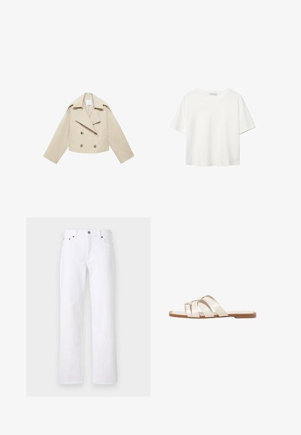 Beige kortärmad dubbelknäppt jacka i bomull. Har stora knappar, två framfickor och en bred slag med öppen krage.; Vit t-shirt med kort ärm i bomull. Har en rundad halsringning och en avslappnad passform. Slät textur utan synliga mönster eller detaljer.; Vita denimjeans med rak passform, fem fickor och metallknäppning. Inkluderar beige sömmar och synliga sömmar.; Platta sandaler med en brun gummisula, designade med tre överlappande vita läderspännen och en liten rosett i mitten.
