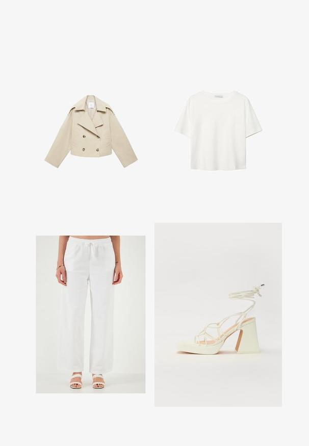 Beige cropped double-breasted jacket made of cotton. Features large buttons, two front pockets, and a wide lapel with an open collar.; White short-sleeve t-shirt made of cotton. Features a crew neckline and a relaxed fit. Smooth texture with no visible patterns or accents.; White, loose-fitting linen pants with an elastic waistband and drawstring. Smooth texture, wide leg design, and no visible patterns.; White high-heeled sandal with a chunky heel, featuring a strappy design and ankle tie. Smooth texture with a platform front for added height.
