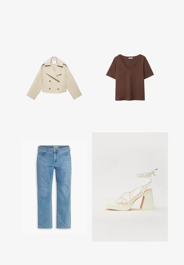 Vaaleanbeige lyhyeksi leikattu kaksirivinen takki, joka on valmistettu puuvillasta. Ominaisuuksiin kuuluvat suuret napit, kaksi etutaskua ja leveä kaulus avonaisella kauluksella.; Ruskea puuvillapaita, jossa on lyhyet hihat ja syvä V-kaula-aukko. Yksinkertainen muotoilu, pehmeä rakenne ja suora helma. Ei kuvioita tai yksityiskohtia.; Vaaleansiniset suorat farkut, joissa on viisi taskua, napitus ja vyölenkit. Ne on valmistettu pehmeästä denimistä, jossa on hieno kulutusvaikutus.; Valkoinen korkokenkä, jossa on paksu korko, ja joka sisältää nauhakiinnityksen ja nilkkaketjun. Sujuva pinta, jossa on platform-etupohja lisäkorkeutta varten.